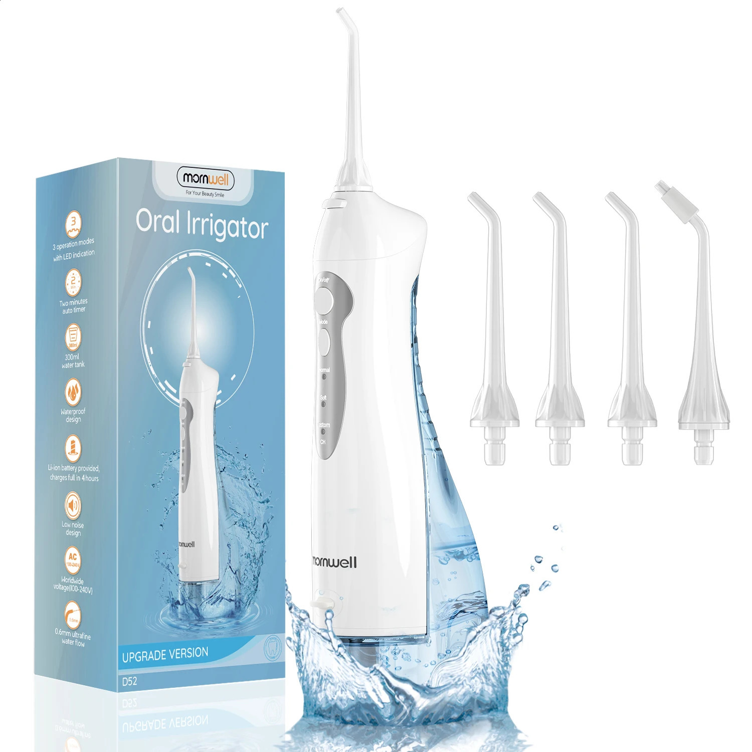 Mornwell D52Pro Dental Water Jet Rechargeable Water Flosser Portable 300ML 4 Nozzles Waterproof Oral Irrigator Teeth Cleaner 250520