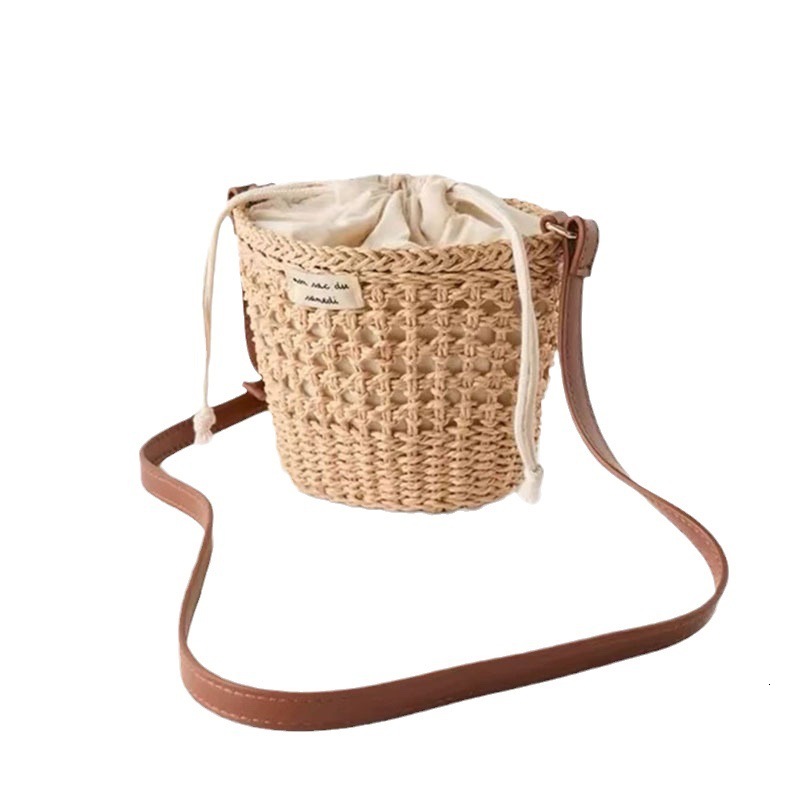 New Cute Bucket Bag Straw Weaving New Small Fresh Hollow One Shoulder Weaving Vacation Beach Bag Women's Bag Outward Travel Bag Retro Designer Ve
