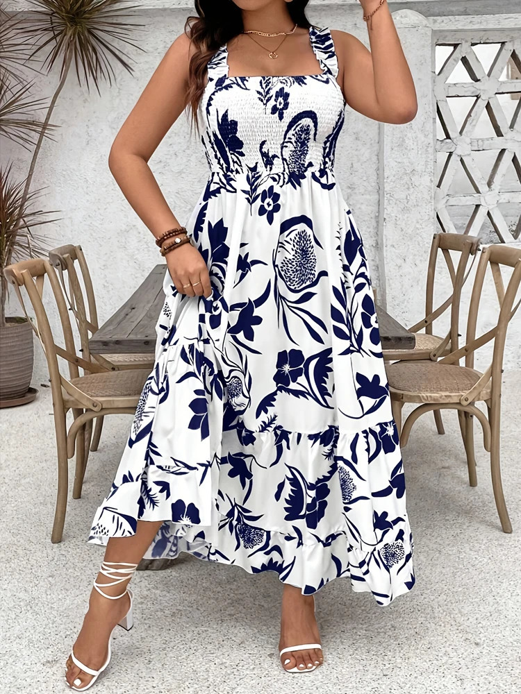 Plus Size Summer Holiday Floral Halter Dress with Ruffle Hem and Gathered Bust Plus Size Dress Polyester 250520