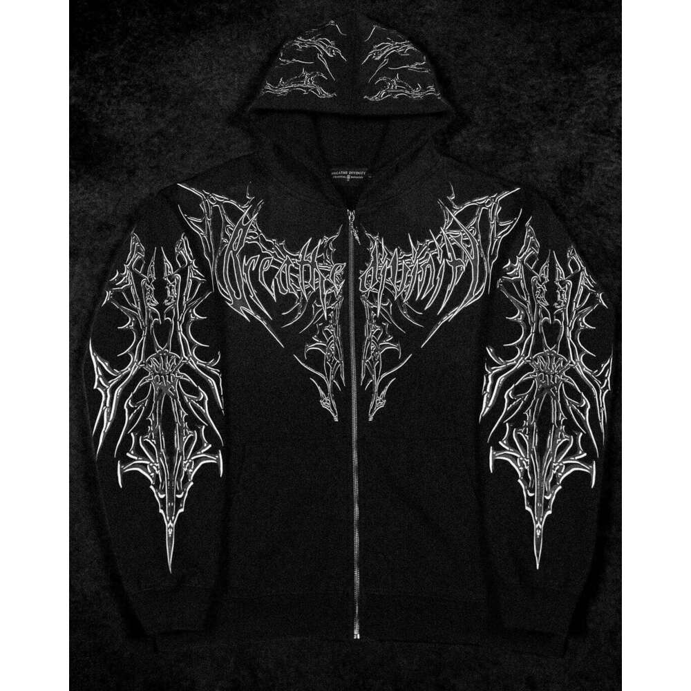 2000s Breathedivinity Gothic Style Pattern Hoodie Oversized Popular Sweatshirts Dark Textured Cool Print Man Coat Jacket