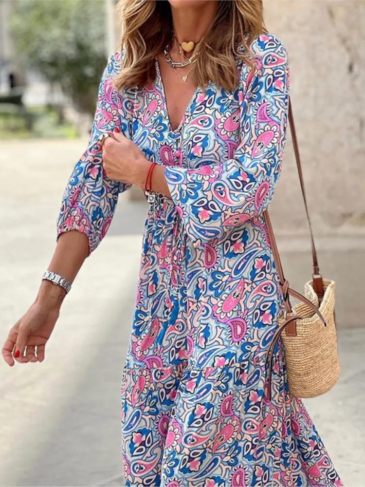 Womens Autumn Fashionable Printed Sexy V-neck Long Sleeve High Waist Elastic Waist Medium Length Bohemian Dress 250519