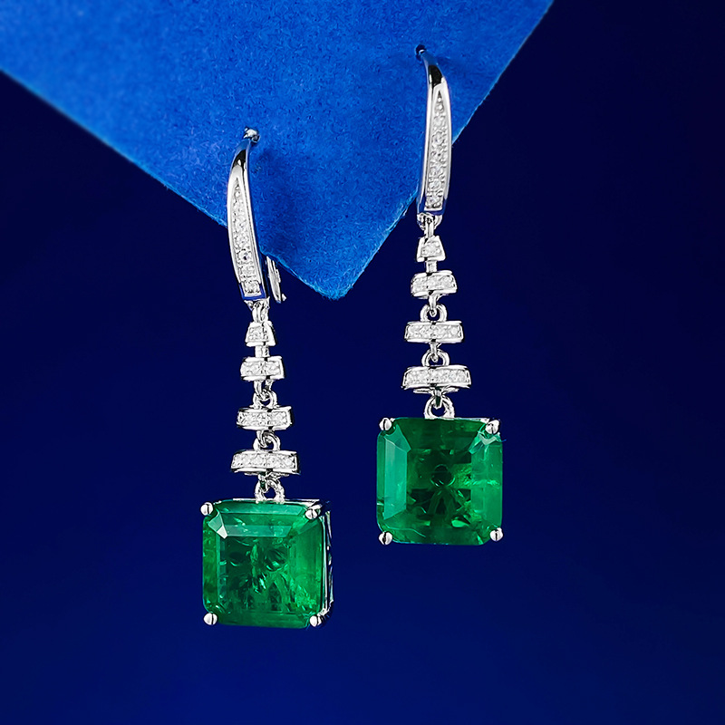 Exquisite S925 Sterling Silver Vintage Emerald Cut Green CZ Earrings with Full Diamond Paving