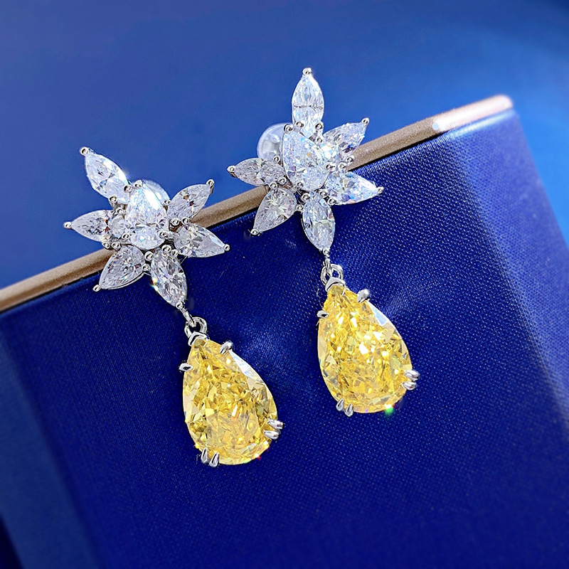 Exquisite S925 Sterling Silver Yellow Gemstone Drop Earrings with Zirconia, Elegant and Fashionable Jewelry