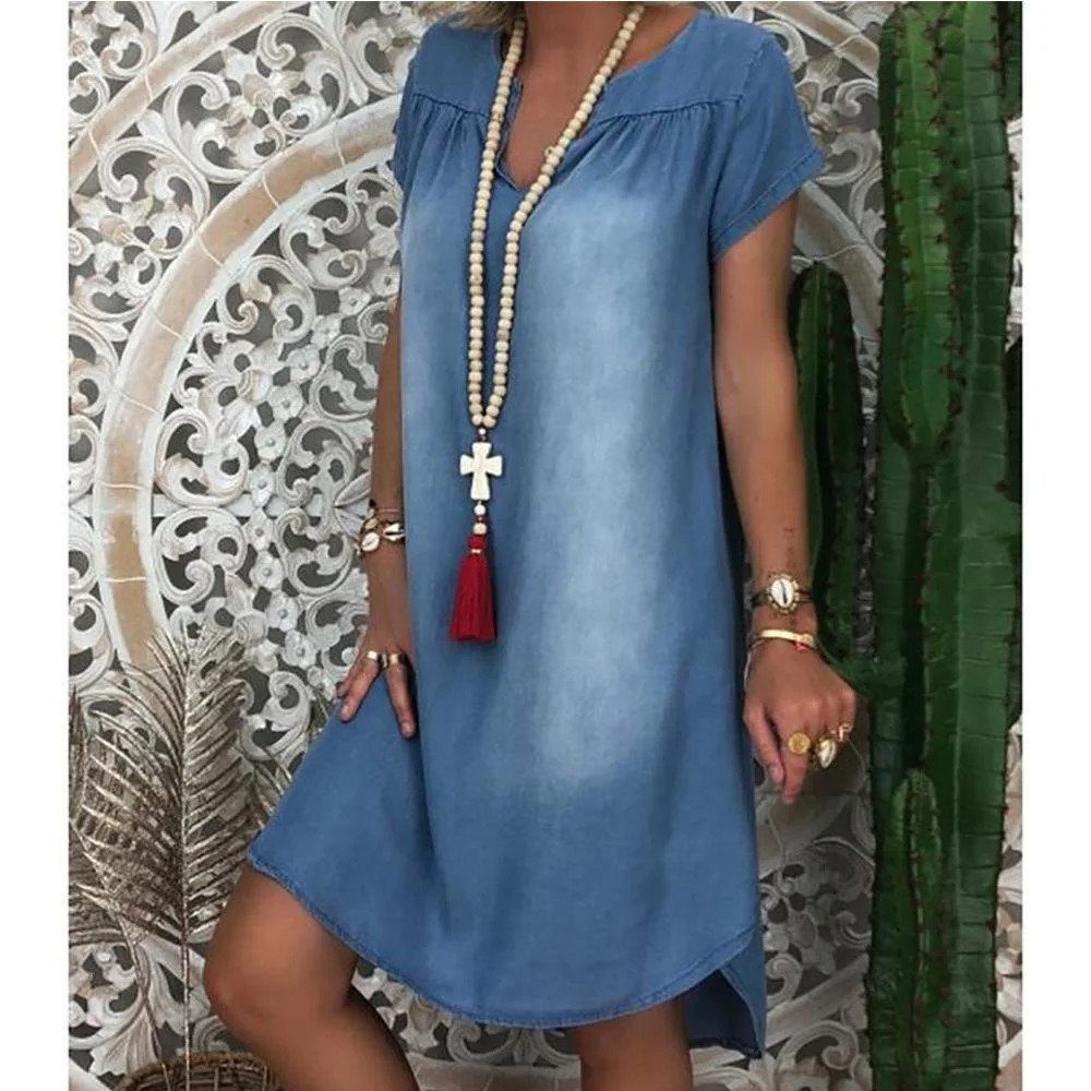 Denim Dress Plus Size 1XL-5XL Womens V Neck Fashion Casual Solid Short Sleeve Swing Summer Dress 250520