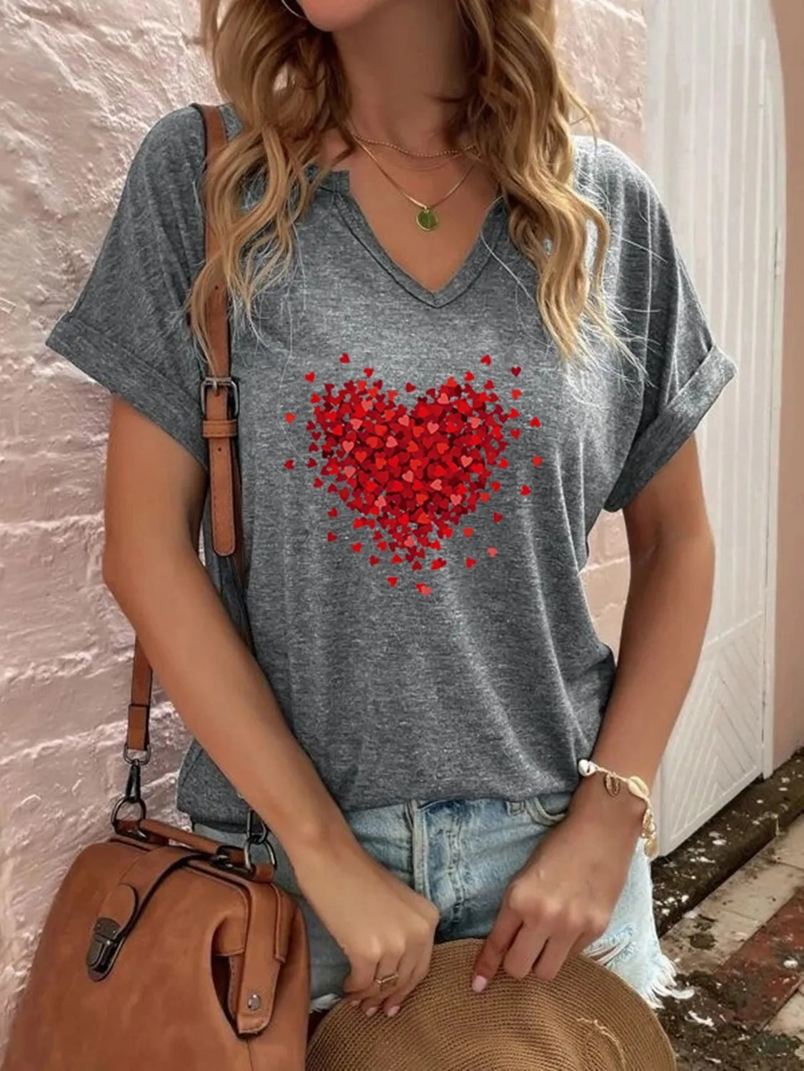 1PC Milk Silk European Style Womens Red Love Print V-neck T-shirt Blouse Short Sleeve 250517
