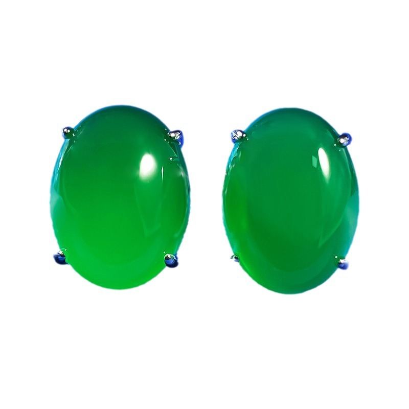 2025 New 925 Sterling Silver Full Diamond Inlaid 12x16mm Faux Jade Earrings Luxury Wealth Style Stud Earrings