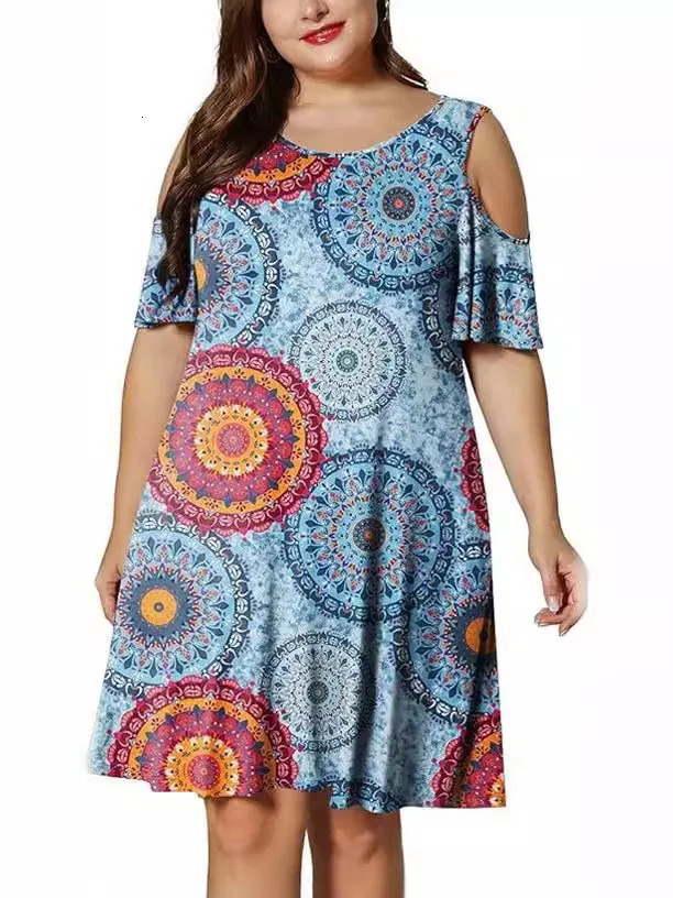 plus size womens round neck off-shoulder print large-size T-shirt dress woman 250520
