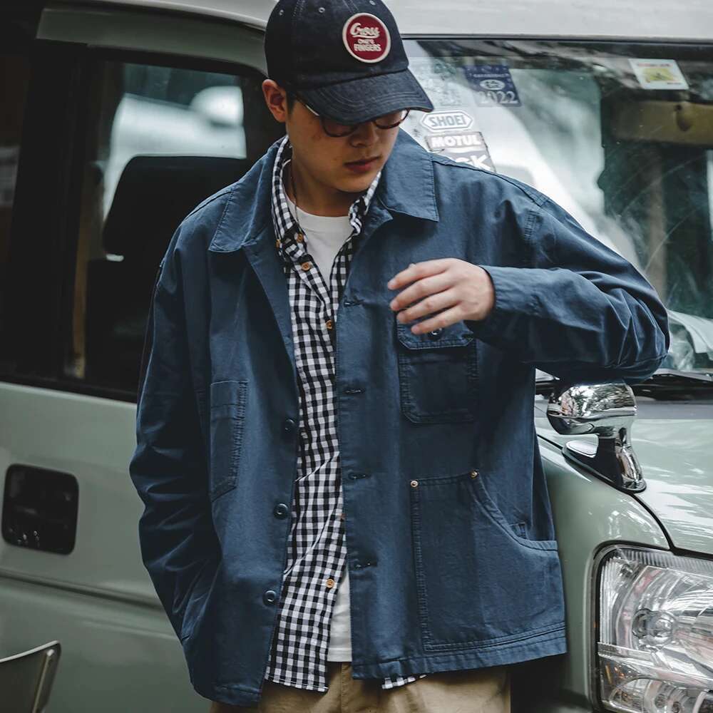 Maden Navy Vintage Men Turn-Down Collar Hunting Tops Multi-Pocket Coat Men's Spring And Autumn Workwear Jacket 250524