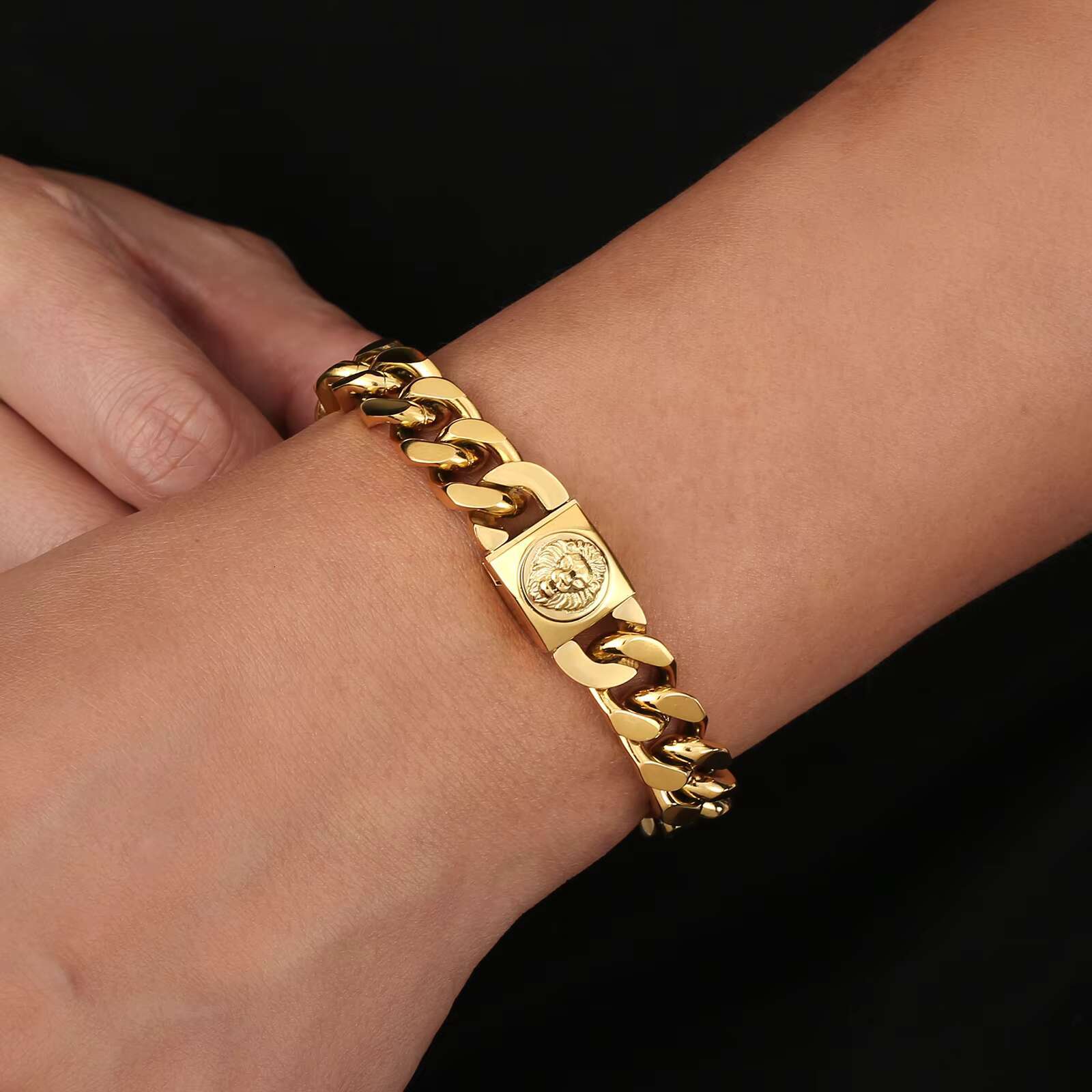 Miami Big Thick Bracelet 18K Real Gold Plated Hip Hop Women Lion Clasp Stainless Steel Jewelry 12 mm Mens Cuban Link Bracelet