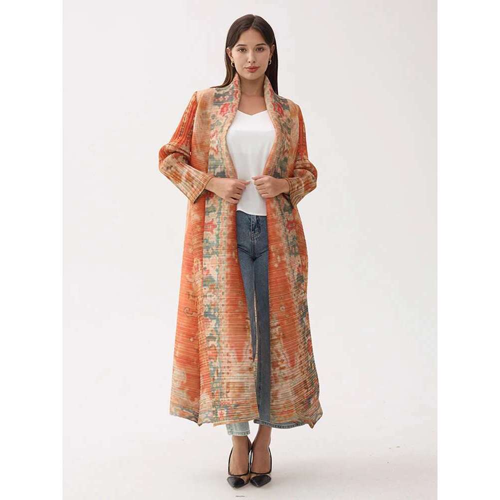 Miyake Pleated Vintage Printed Turn-down Collar Sleeve Long Jacket Women Designer Abaya New Dubai Fashion Plus Size Coats