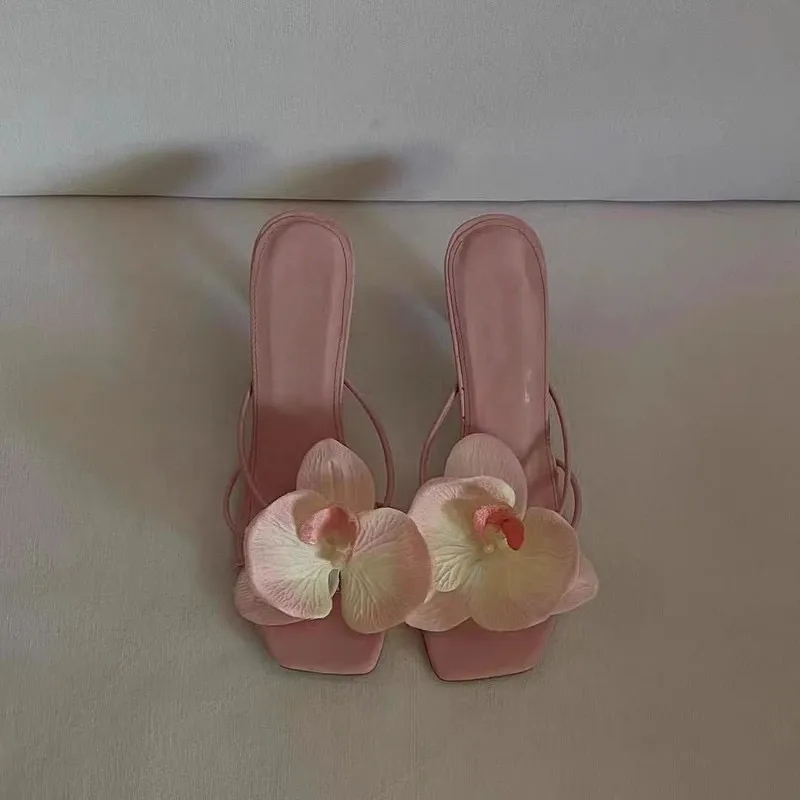 Mixed Colors Flower Womens Slippers Pink Green Orchid Decor Square Toe 8CM High Heels Summer Sweet Hollow Party Female Shoes
