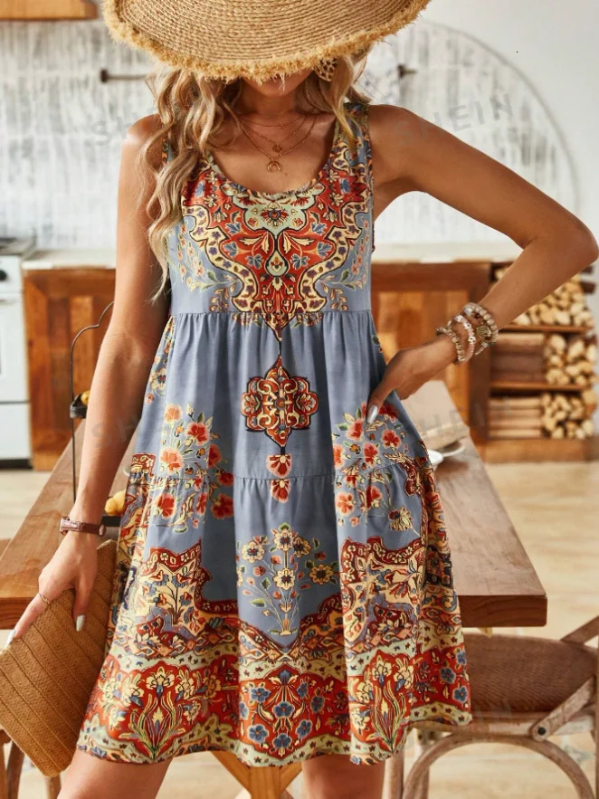 Europe and America Plus Size Womens Cross border Summer Fashion Printed Dress 250520