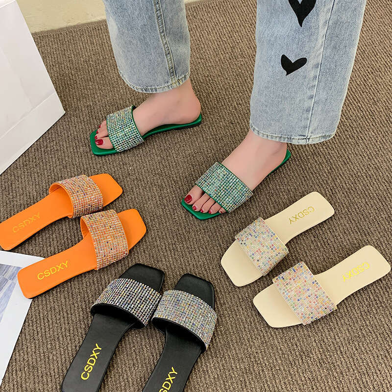 Designer Sandals, Colorful Rhinestone Flat Slippers 2025 Spring And Summer Candy Colored Outdoor Casual Wear Resistant Slippers Women's Trendy Sh