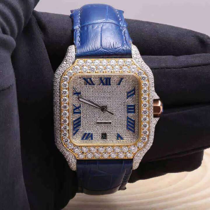 Men's unique hip-hop style VVS Clarity Moissanite watch boldly declares new steel case, analog dial display, rubber glass