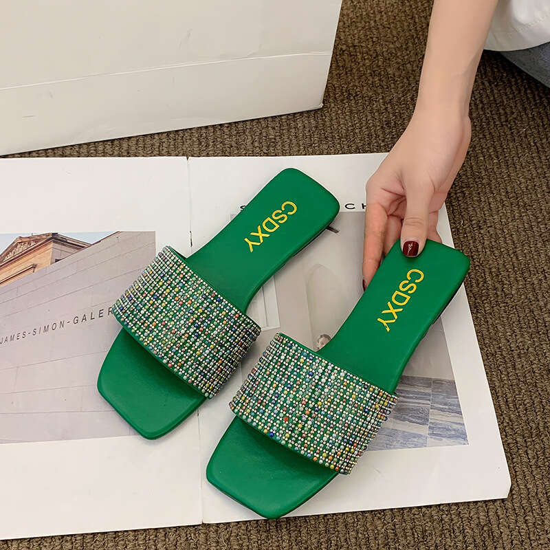 Designer Sandals, Colorful Rhinestone Flat Slippers 2025 Spring And Summer Candy Colored Outdoor Casual Wear Resistant Slippers Women's Trendy Sh