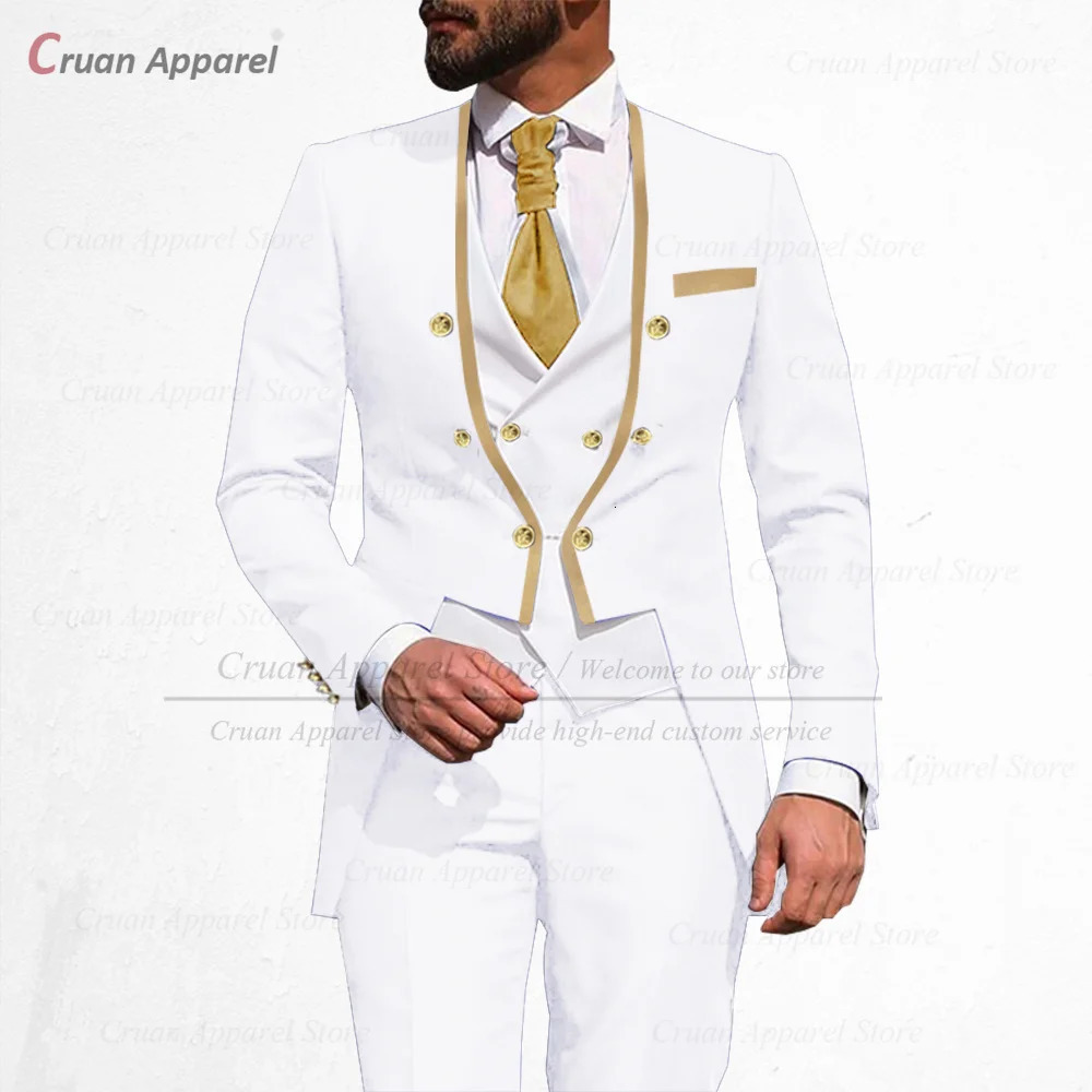 Latest Royal Blue Suit Men 3Pcs Slim Fit Wedding Man Groom Tuxedo Double Breasted Gold Trim Jacket Vest Pants Set Tailcoat 250517