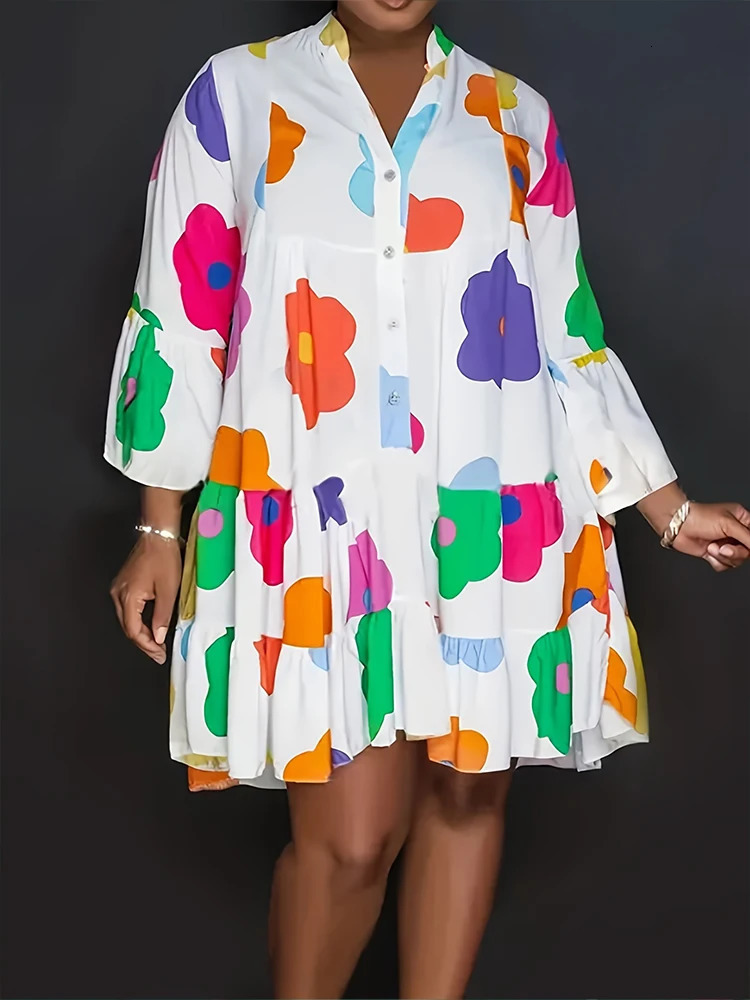Plus Size Autumn Floral Printed Womens Dresses Casual Loose Button Fashion Streetwear Polyester V-Neck Pleated Dresses 250520