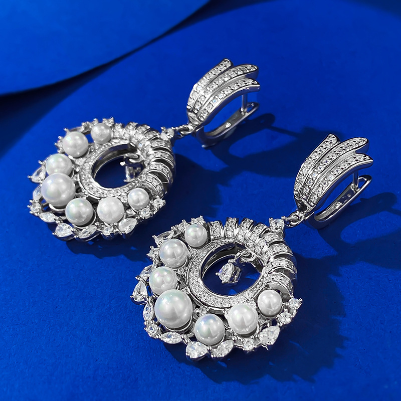New S925 Sterling Silver French Vintage Pearl and Diamond Drop Earrings for Women, Elegant and Fashionable European Style