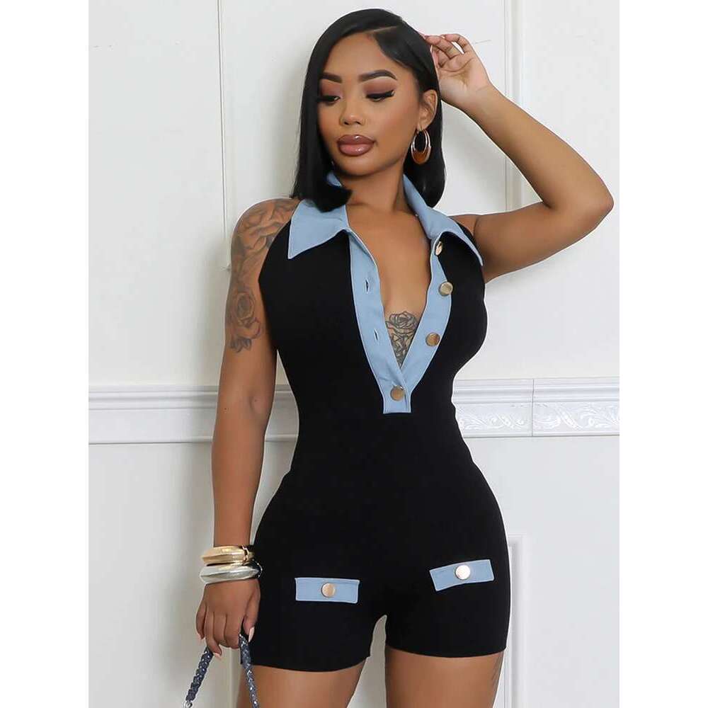 Weird Puss Denim Patchwork Rompers Women Halter Button Polo-Neck Backless Sleeveless Vacation Fashion Trend Skinny Playsuits