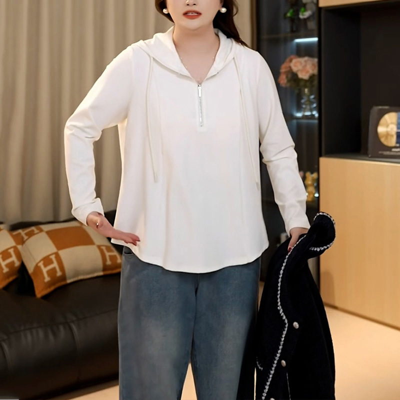 H2104 Large size casual half zipper hooded long sleeve inner wear sweatshirt for women in spring, slimming and covering the flesh