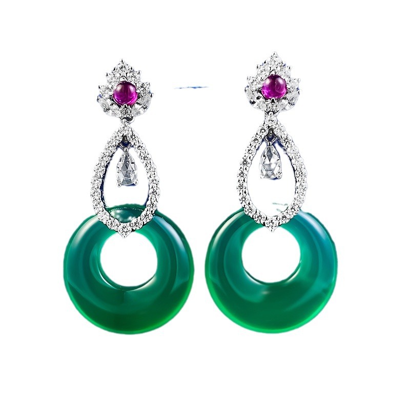 925 Sterling Silver Green Agate Earrings with Ruby and Diamond Accents - Elegant, Luxury Jewelry for Special Occasions