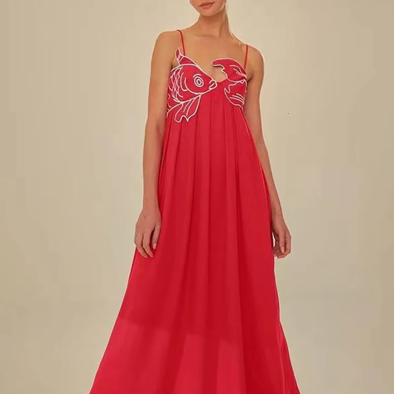 3D Fish Shaped Embroidery Pleated Sling Dress Women Spring Strapless Hollow Party Long Dress Summer Backless Side Zip Boho Dress 250519
