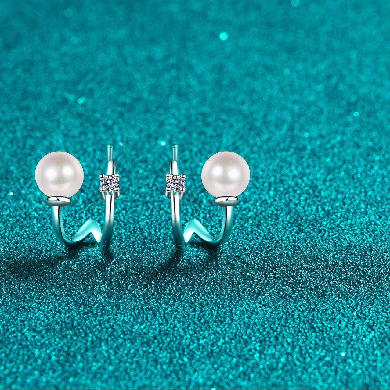 925 Sterling Silver U-Shaped Earrings with Moissanite and Freshwater Pearl, PT950 Gold-Plated Jewelry