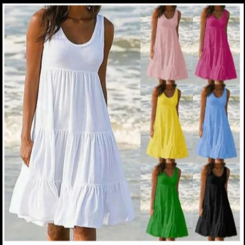 Bohemian Womens Casual O Neck Sleeveless Ruffle Mini Dress Solid Color Beach Tank Top Oversized Loose Dress Plus Size Women3029 250519
