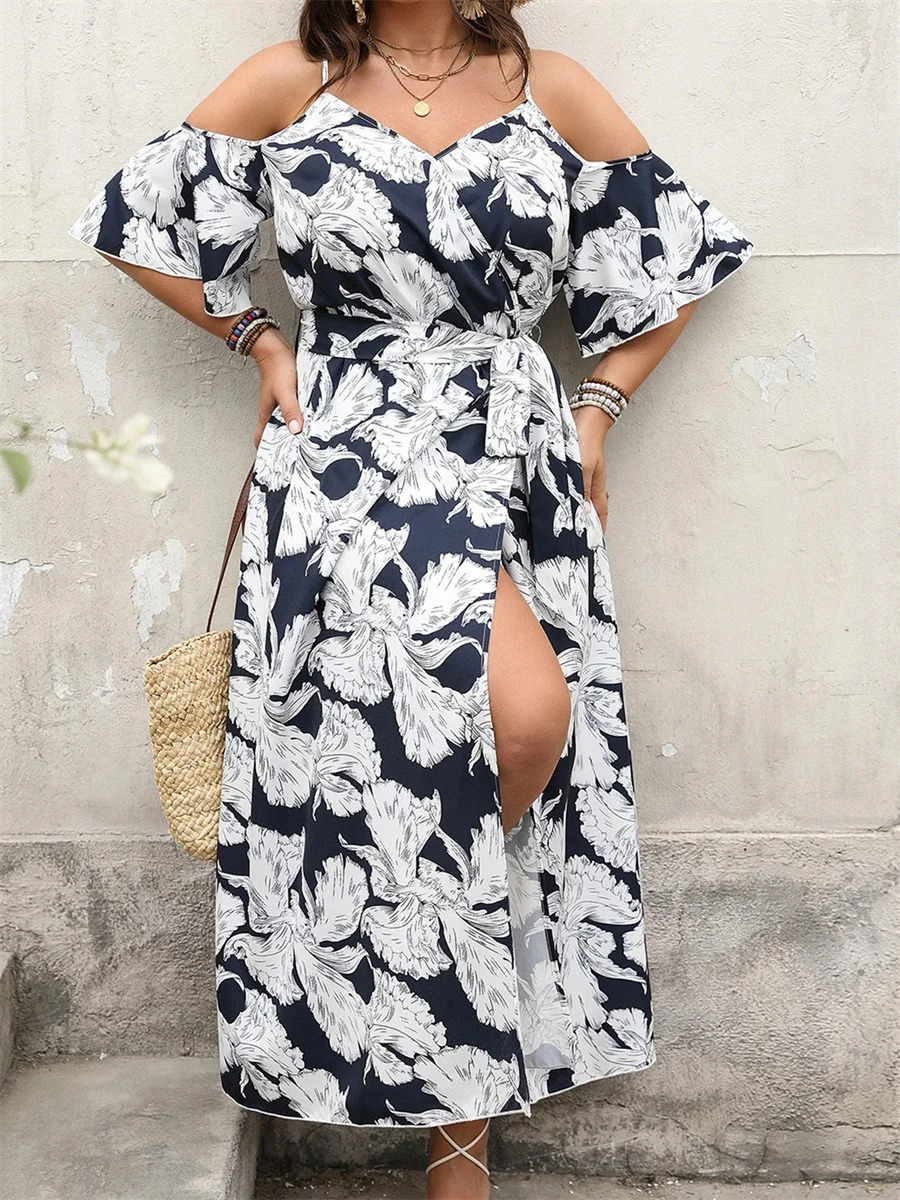 Women Plus Size Floral Print Maxi Dress with Ruffle Sleeves and V Neckline Elegant Belted Long Dress with High Side Split 250520