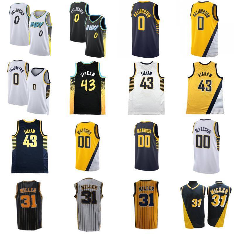 0 Tyrese Haliburton 43 Pascal Siakam 00 Bennedict Mathurin City Basketball Jerseys Mens 31 Reggie Miller Blue Yellow White Retro Shirt