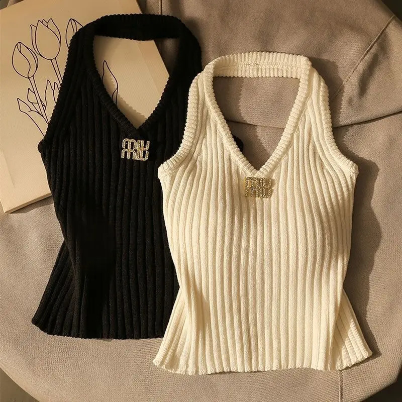 Summer Fashion Chic Tanks Sexy sweet Backless Knitted Camisole Women Temperament Simple Slim Short Style Tops 250515