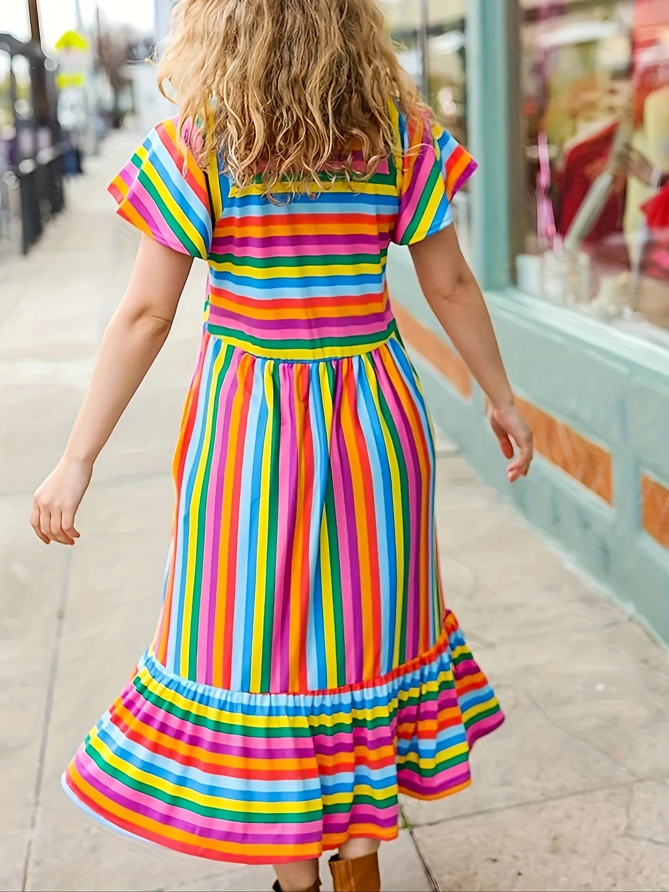 Plus Size1XL-5XL V-neck Rainbow Print Dress Loose Lotus Sleeve A-line Skirt Milk Silk Fabric Elastic Comfortable Breathable Ball 250520