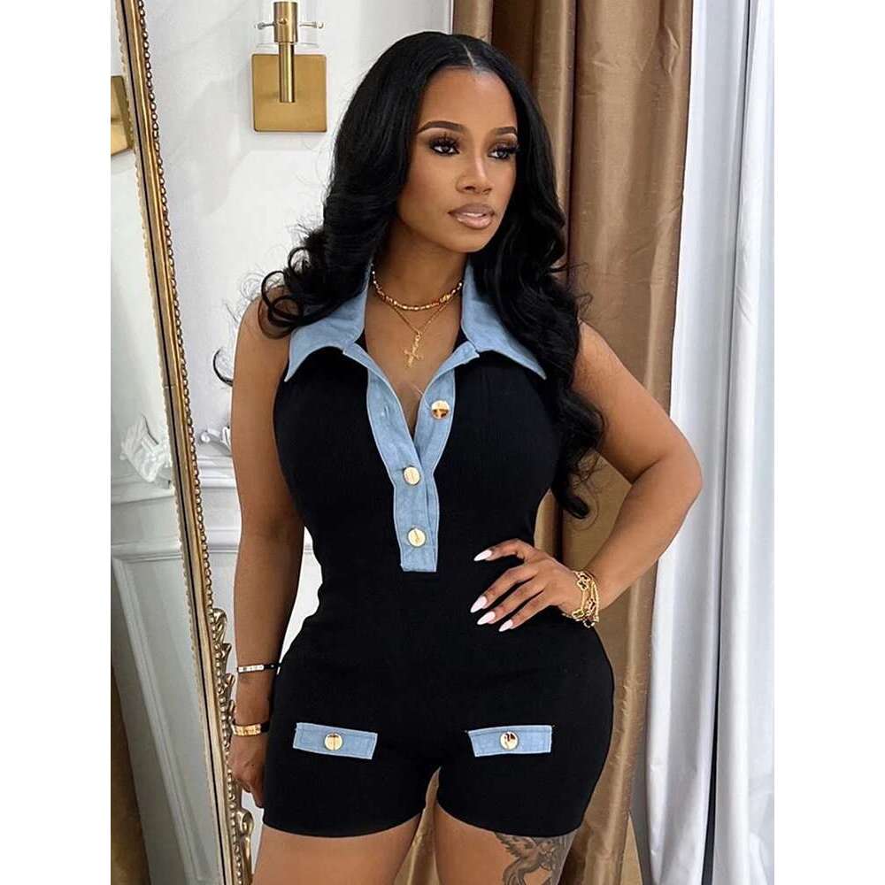 Weird Puss Denim Patchwork Rompers Women Halter Button Polo-Neck Backless Sleeveless Vacation Fashion Trend Skinny Playsuits