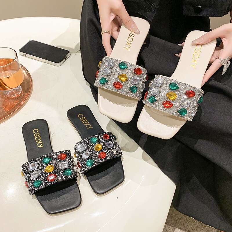 Designer Sandals Colored Gemstone One Word Casual Sandals Flat Slippers 2025 Summer Outdoor Fashion Beach Slippers