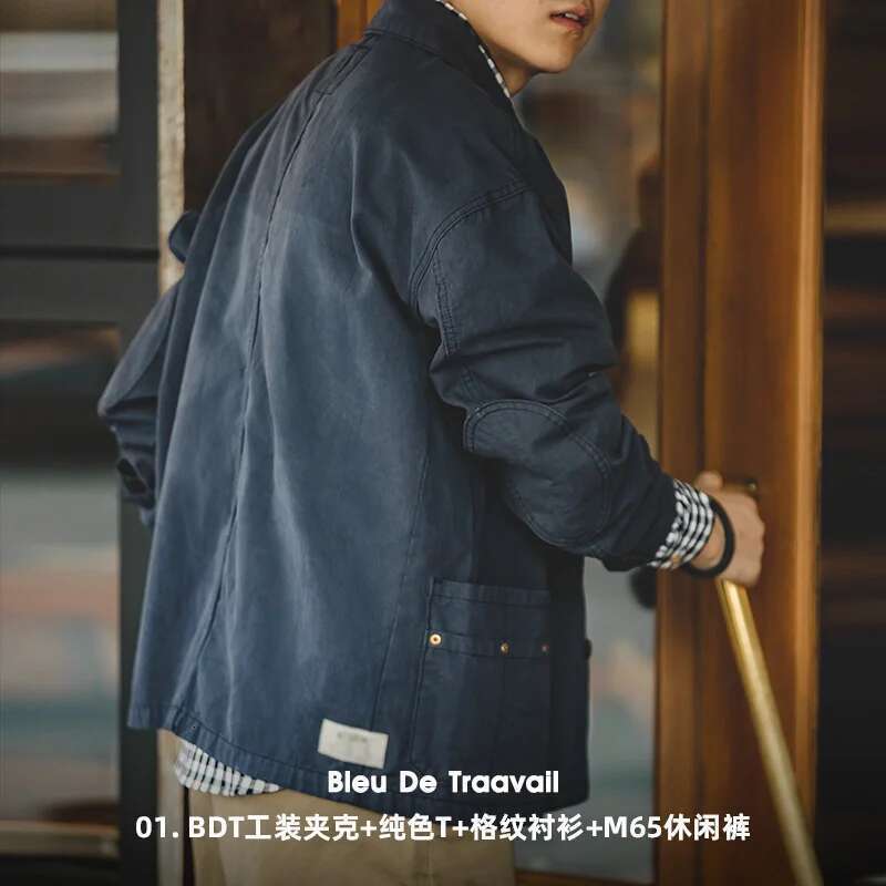 Maden Retro French Jacket Multi-Pocket Lapel Navy Heavyweight Single-Breasted Hunting Coat For Men's Spring And Autumn Tops