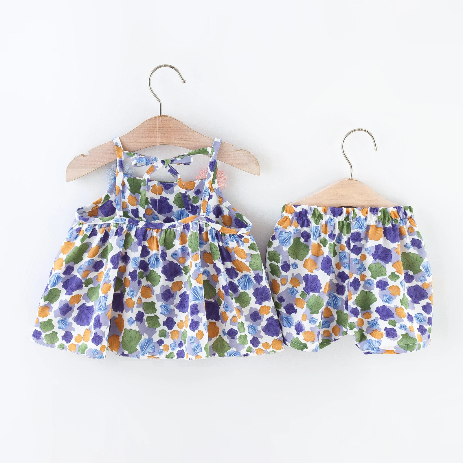 Summer 2pieceset baby girl suspender set cartoon colored shell print daisy shorts childrens clothing 250517z