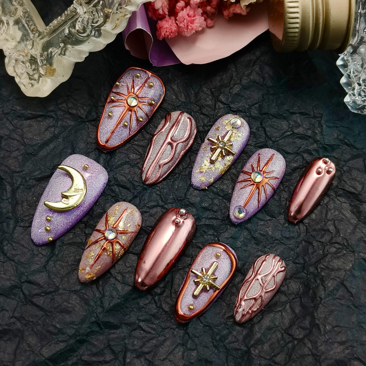 10pcs 3D Hand drawn Handmade Press-on nails Medium Almond Nails Bundle Celestial Collection 3D Stars Moon Finished nail stickers Free storage box jell