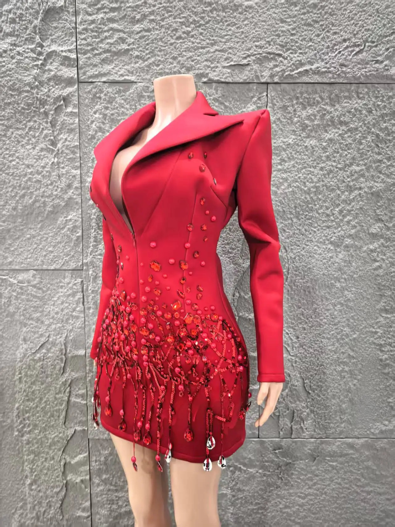 High Quality Women Long Sleeve Sexy Deep V-Neck Bodycon Blazer Dress Shinning Sequins Celebrate Nightclub Bar Singer Stage Wear 250517
