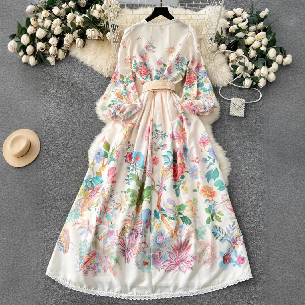 Spring Fashion Holiday Flower Painting Print Dress Women Long Lantern Sleeve V-Neck Lace Hem Buttons Belted Mini Dress 6257 240819
