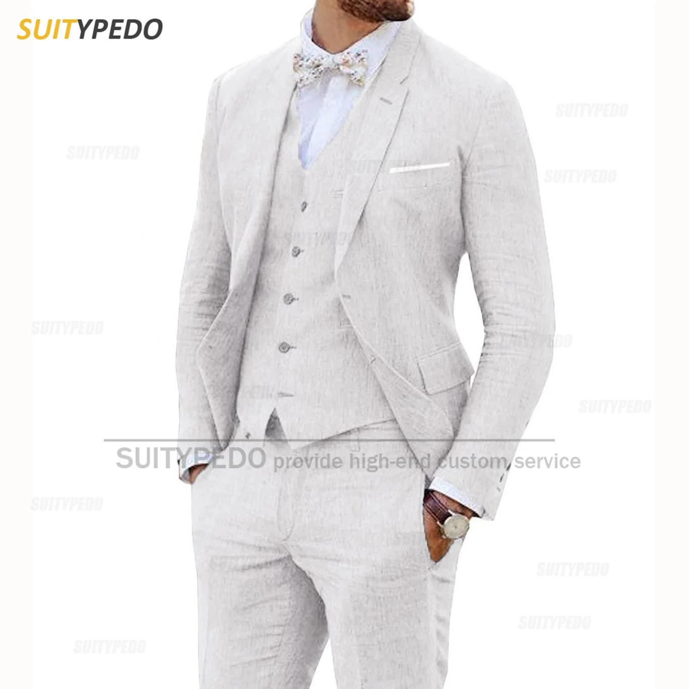 Beige Linen Suits for Men 3 Pieces Casual Slim Fit Suit Blazer Vest Pants Set Formal Prom Wedding Tuxedos for Groomsmen Man 250516