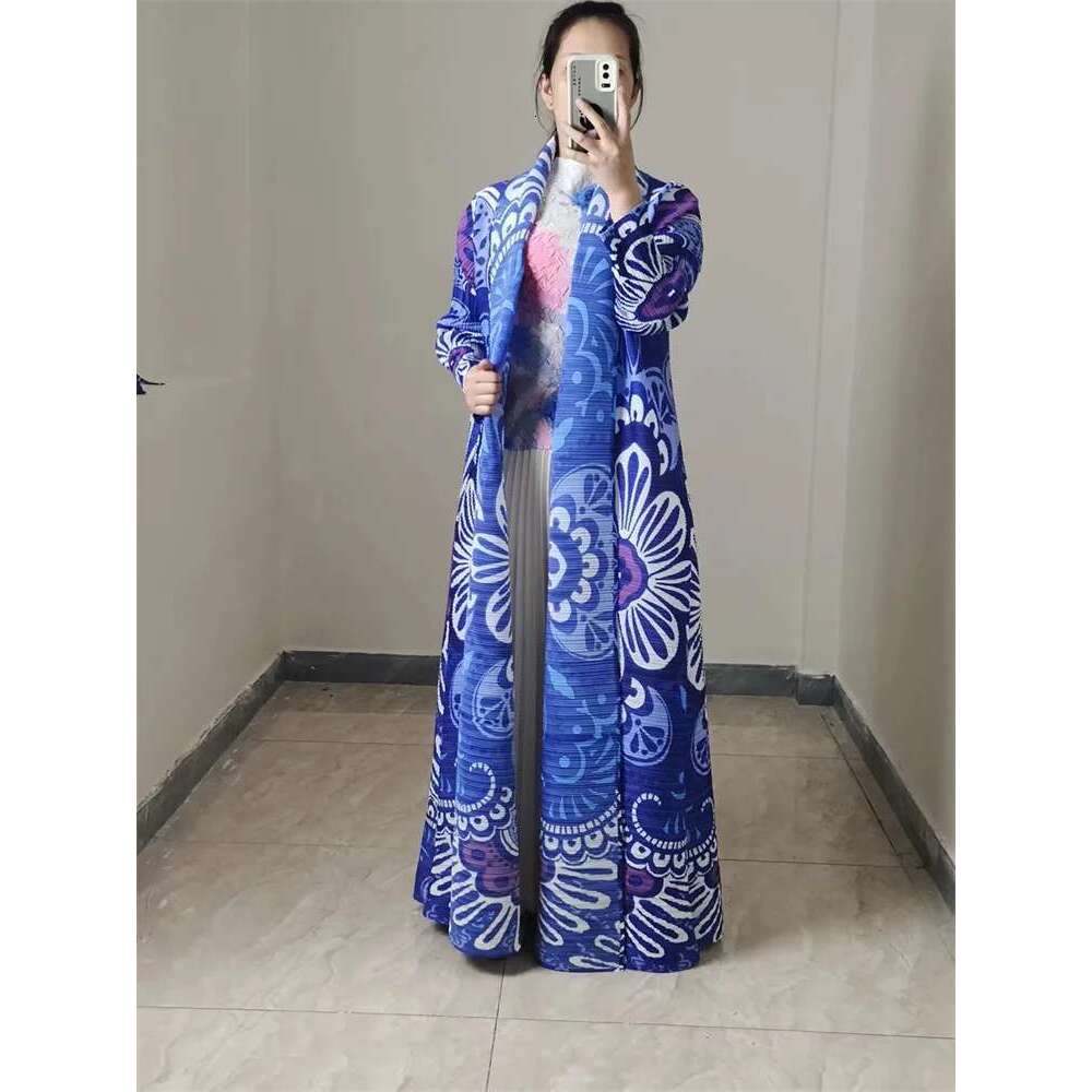 Miyake Printed Pleated Cardigan For Women Long Sleeves Loose Big Size Female Vintage High End Windbreaker 2024 Autumn New Robe