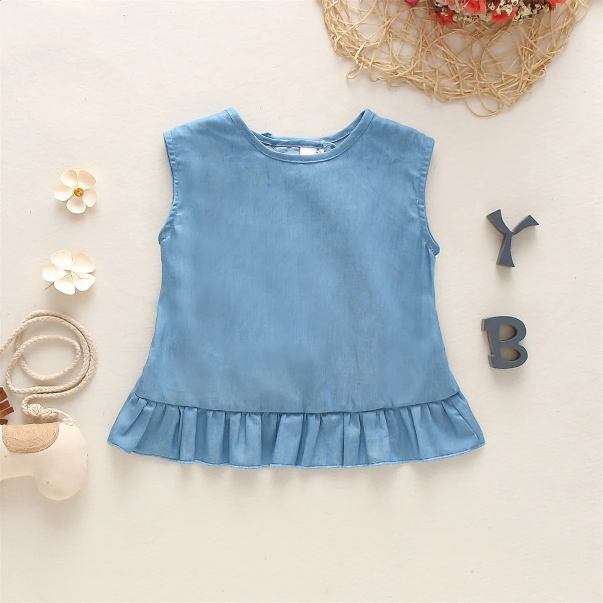 Summer Baby Top Simple Blue Girls Korean Style Sweet Childrens Sleeveless Clothes 03 Years Old 250517z