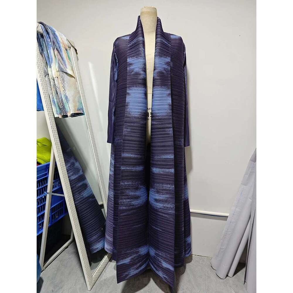 Miyake Pleated Turndown Collar Sleeve Abaya Women 2025 New Autumn Winter Original Designer Dubai Fashion Printed Long Coats