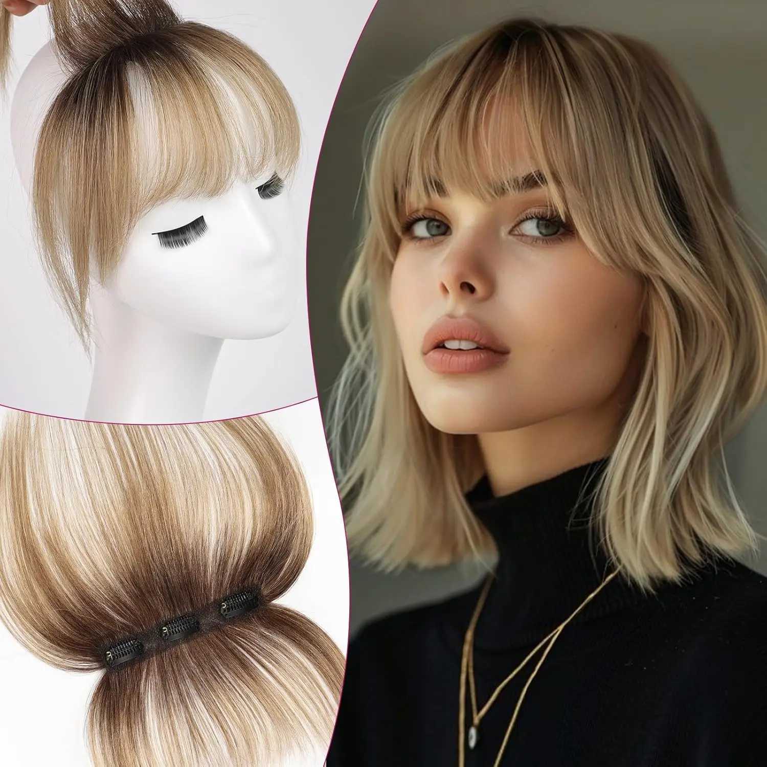 Ombre Brown to Blonde Clip 100% Real Human Wispy Hair Pieces 3 Secure Clips in Full Fringe Fake Bangs S25521