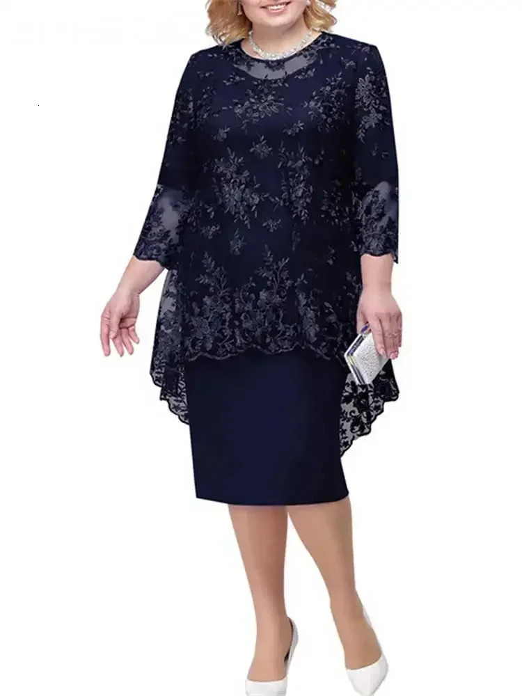 Women Plus Size Dress O-neck Midi Loose Dress M-5XL Lady Evening Lace Mesh Sexy Elegant Dress Female Clothing Summer Autumn 250520