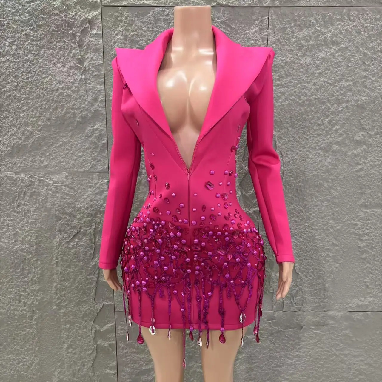 High Quality Women Long Sleeve Sexy Deep V-Neck Bodycon Blazer Dress Shinning Sequins Celebrate Nightclub Bar Singer Stage Wear 250517