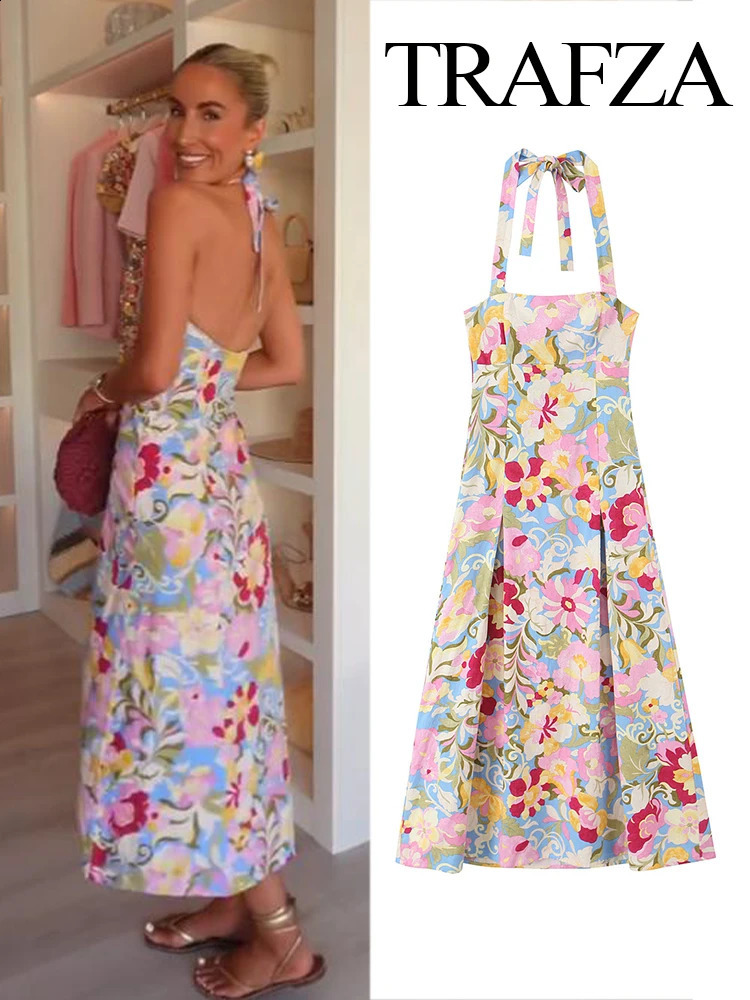 TRAFZA Womens Fashion Blended Print Midi Long Sleeveless Dress Female Sexy Backless Halter Neck Collar Bow Laceup Aline 250520