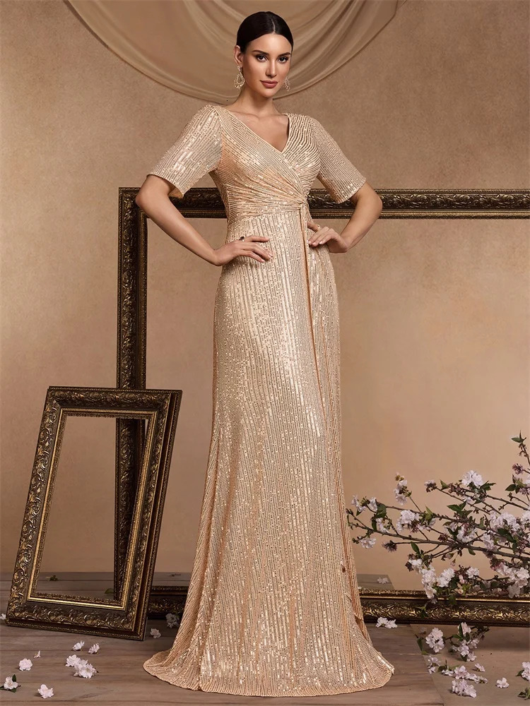 Floor Length V-Neck Evening Dress Women Elegant Party Maxi Sequin Short Sleeves Prom Cocktail Graduation Dress 250520