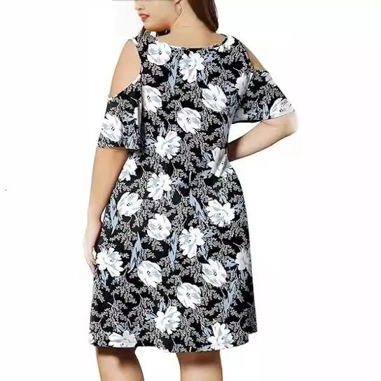 plus size womens round neck off-shoulder print large-size T-shirt dress woman 250520