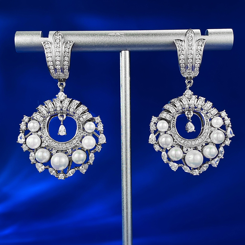 New S925 Sterling Silver French Vintage Pearl and Diamond Drop Earrings for Women, Elegant and Fashionable European Style